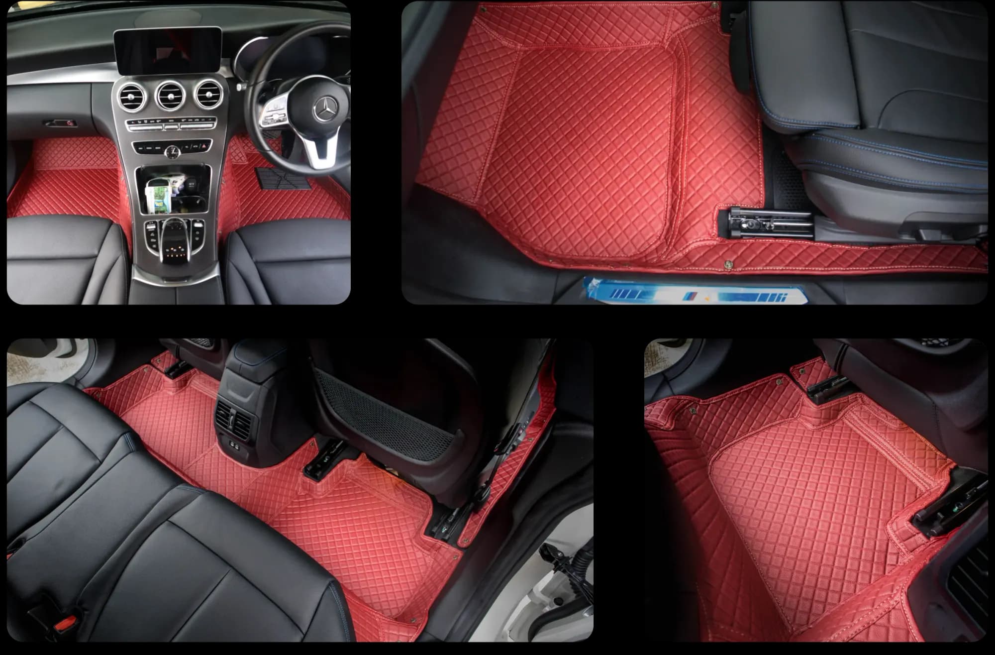 Four close-ups of a red 3D car mat in a Mercedes: the driver's footwell, the passenger side and both rear footwells