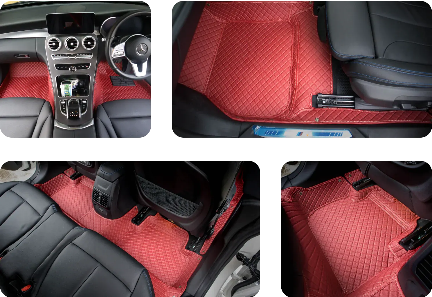 Four close-ups of a red 3D car mat in a Mercedes: the driver's footwell, the passenger side and both rear footwells
