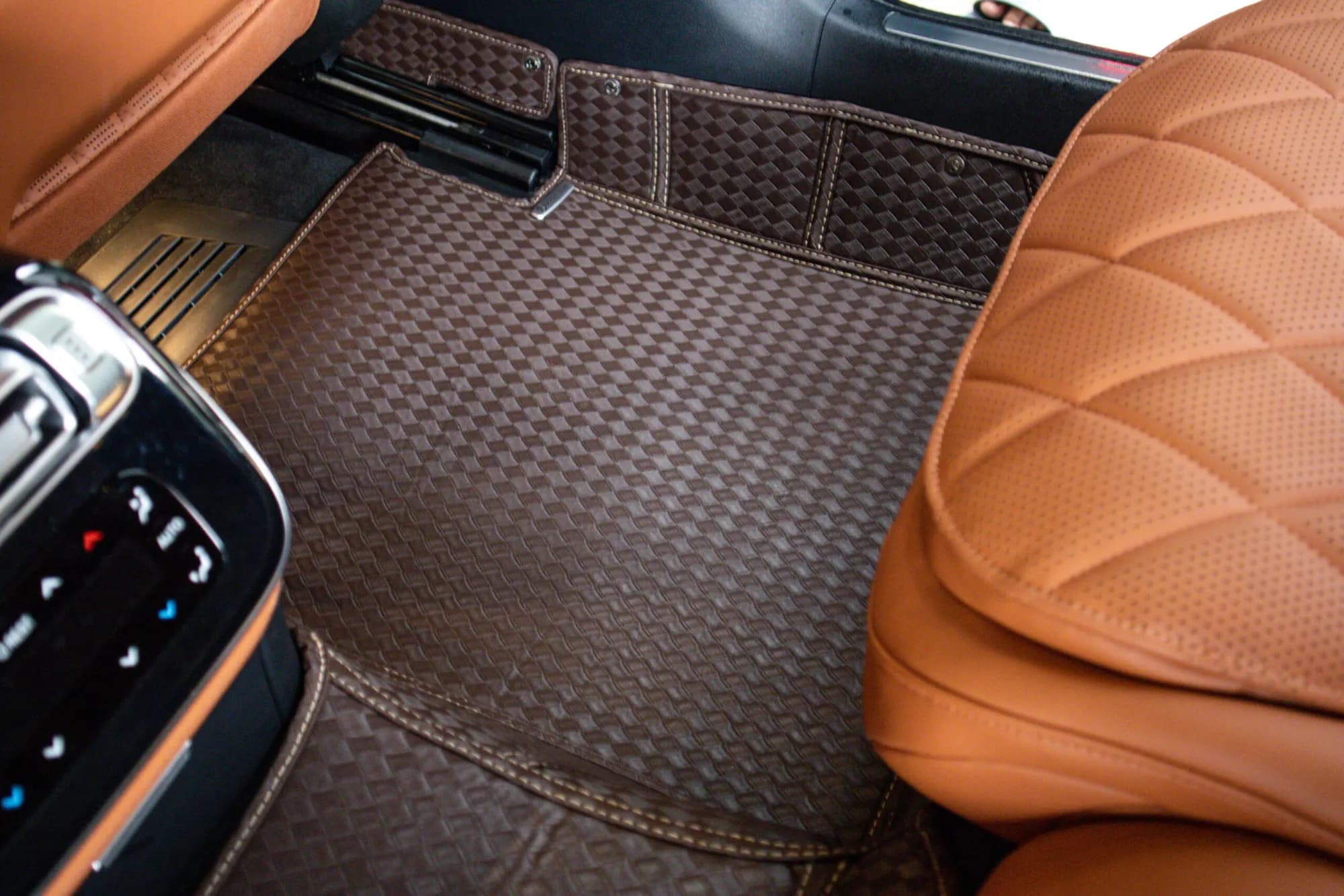 Mercedes S-Class rear floor with a brown 3D car mat
