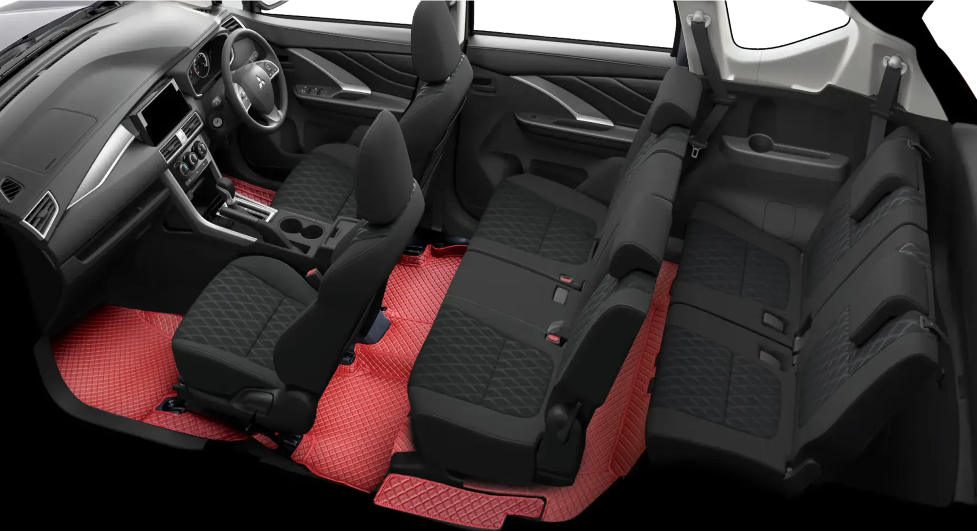 Seven-seater cabin from above with red 3D car mats across the front, middle and back rows