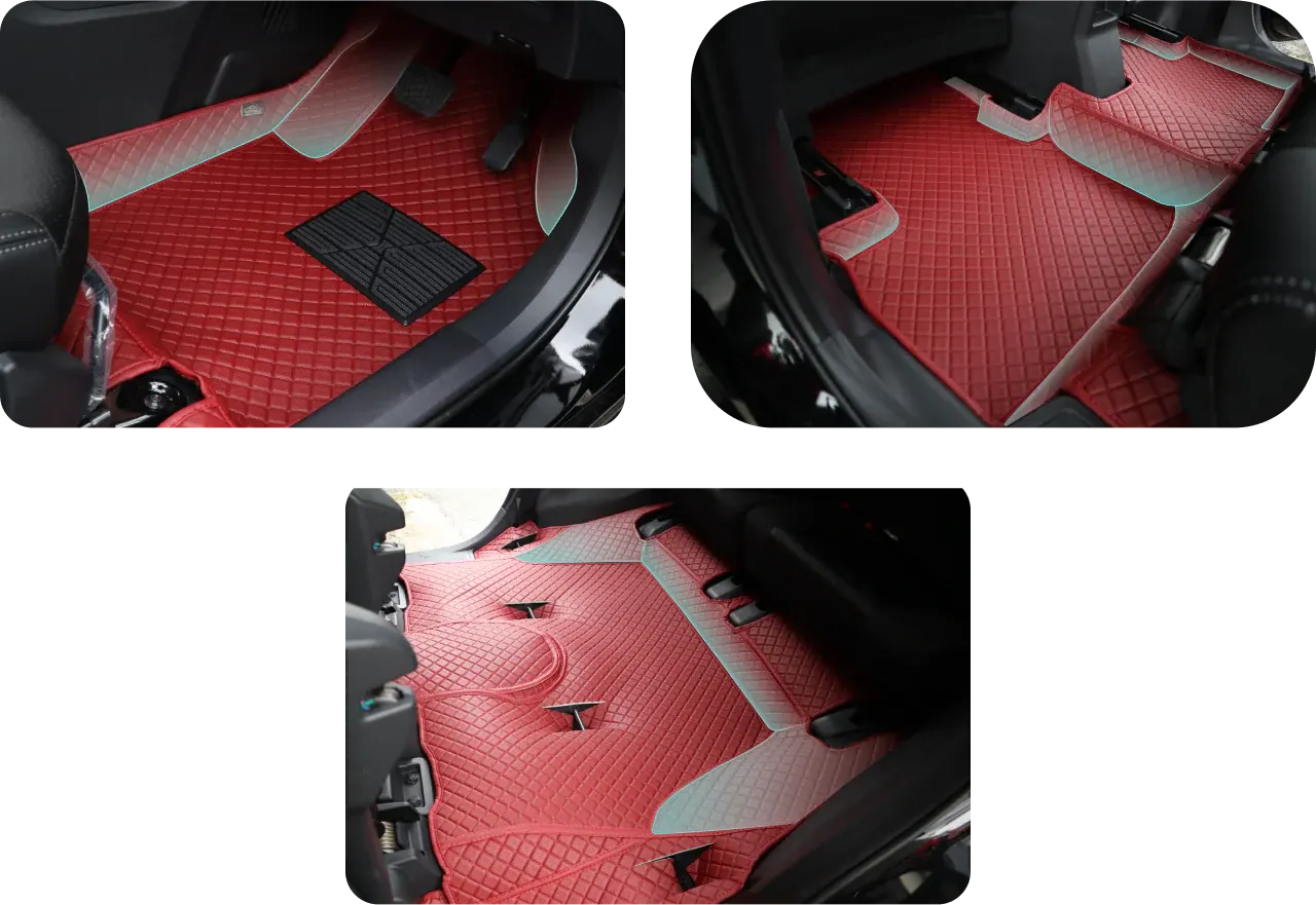 Seven-seater cabin from above with red 3D car mats across the front, middle and back rows
