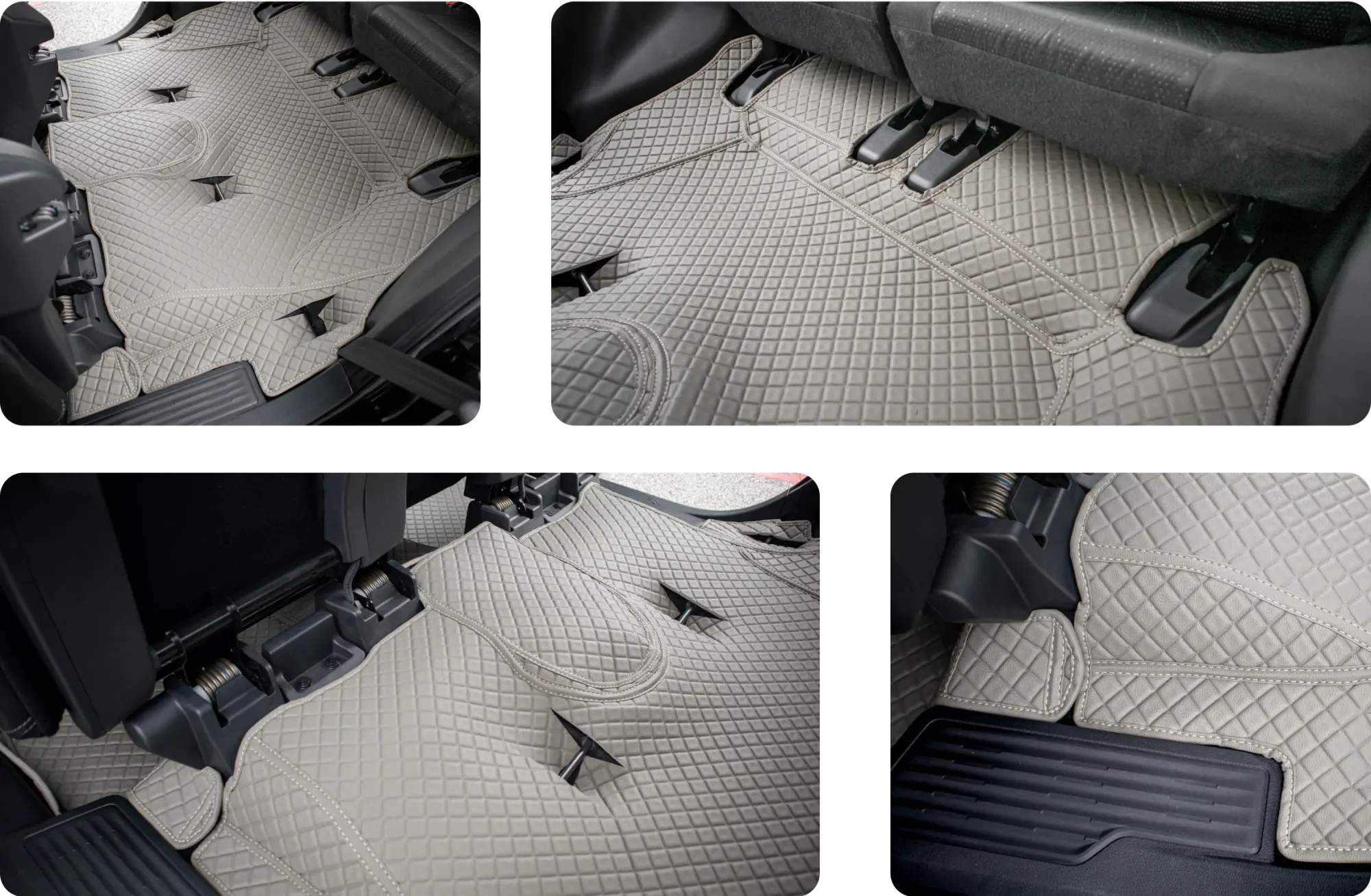 Four close-ups of a grey 3D car mat anchored under the second- and third-row seats of a seven-seater