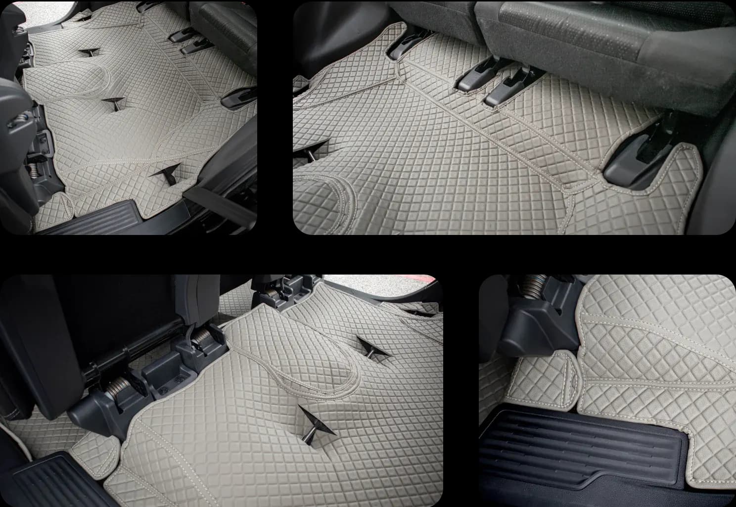 Four close-ups of a grey 3D car mat anchored under the second- and third-row seats of a seven-seater