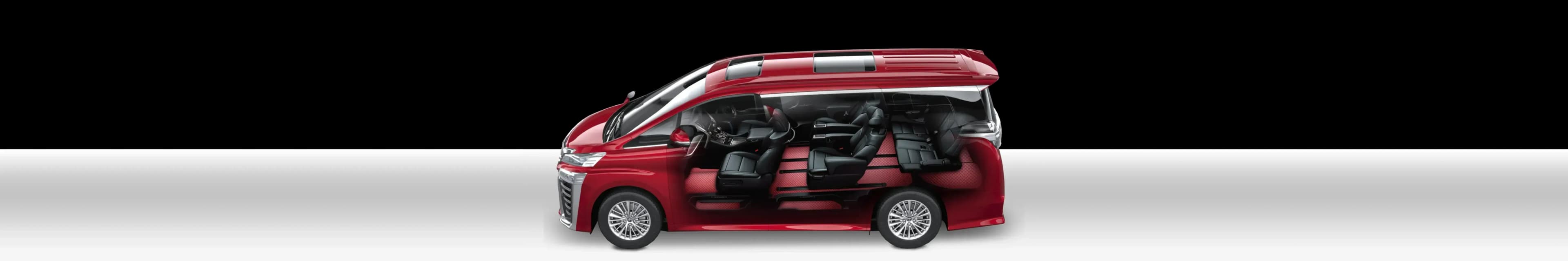 Cut-away of a red MPV showing 3D car mats on every row, around the seat rails and on the side step