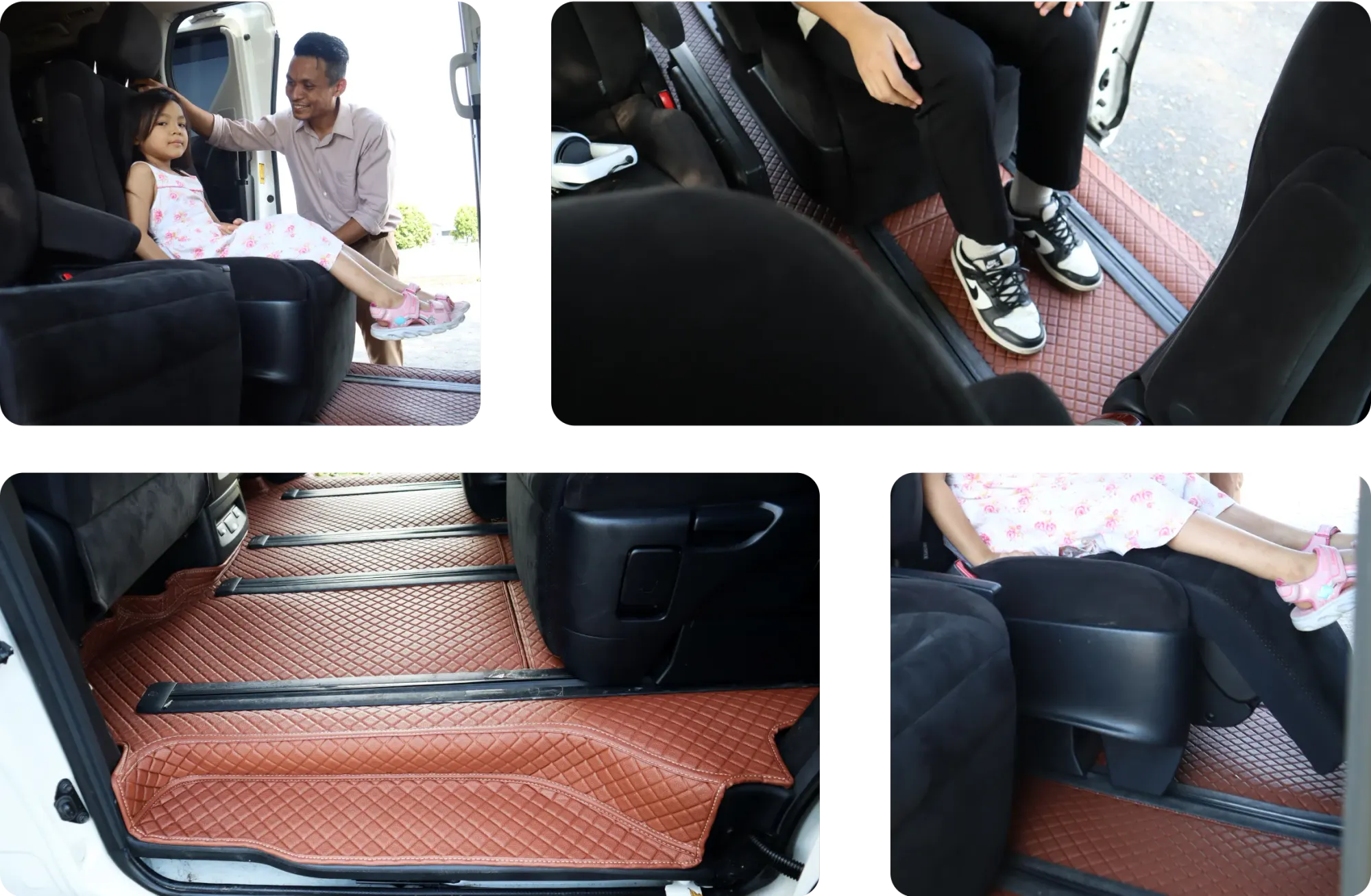 Four close-ups of a brown 3D car mat fitted between the seat rails of an MPV, a child and parent at the sliding door