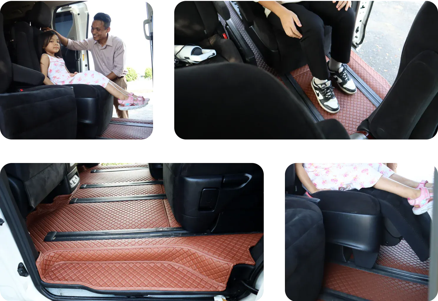 Four close-ups of a brown 3D car mat fitted between the seat rails of an MPV, a child and parent at the sliding door