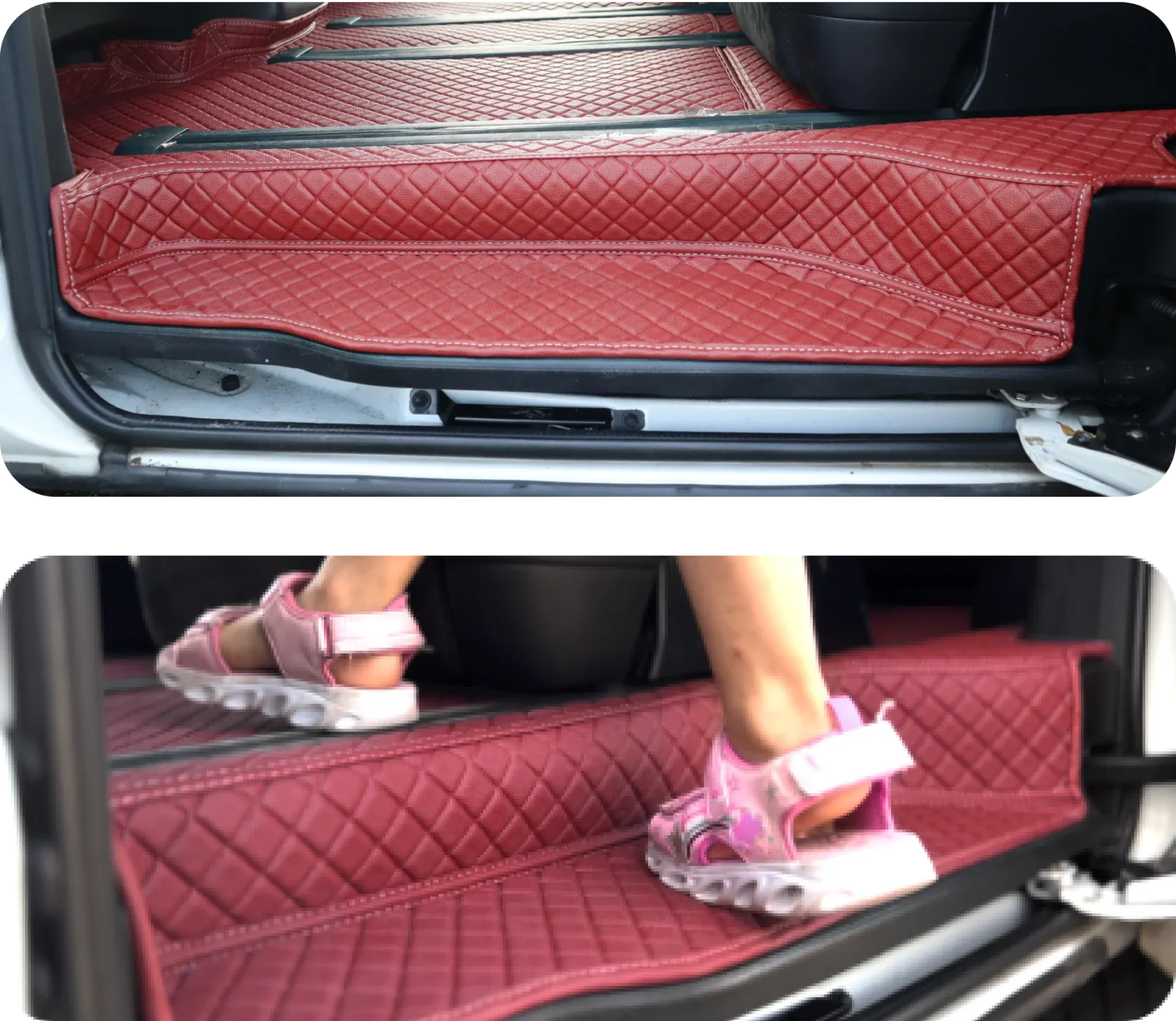 A child's shoes on a red 3D mat covering an MPV side step, and the full step seen from the sliding door