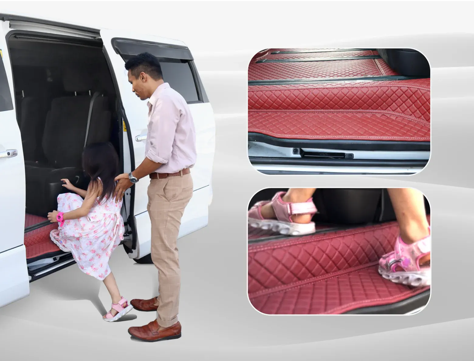 A child's shoes on a red 3D mat covering an MPV side step, and the full step seen from the sliding door