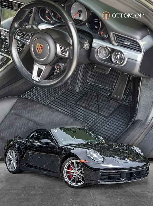 Porsche 911 cockpit with a black 3D car mat, and the car below