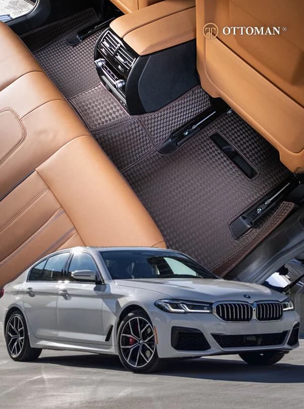 BMW 5 Series rear footwell with a brown 3D car mat, and the car below