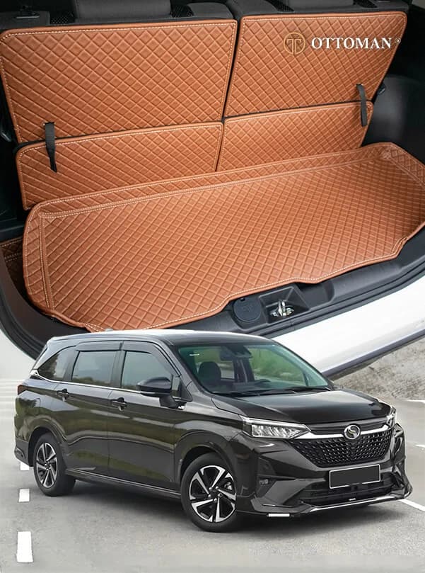 Seven-seater boot and third row with a tan 3D car mat, and the car below