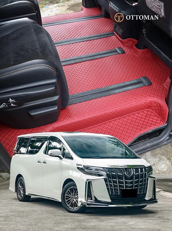 Toyota Alphard floor with a red 3D car mat, and the car below