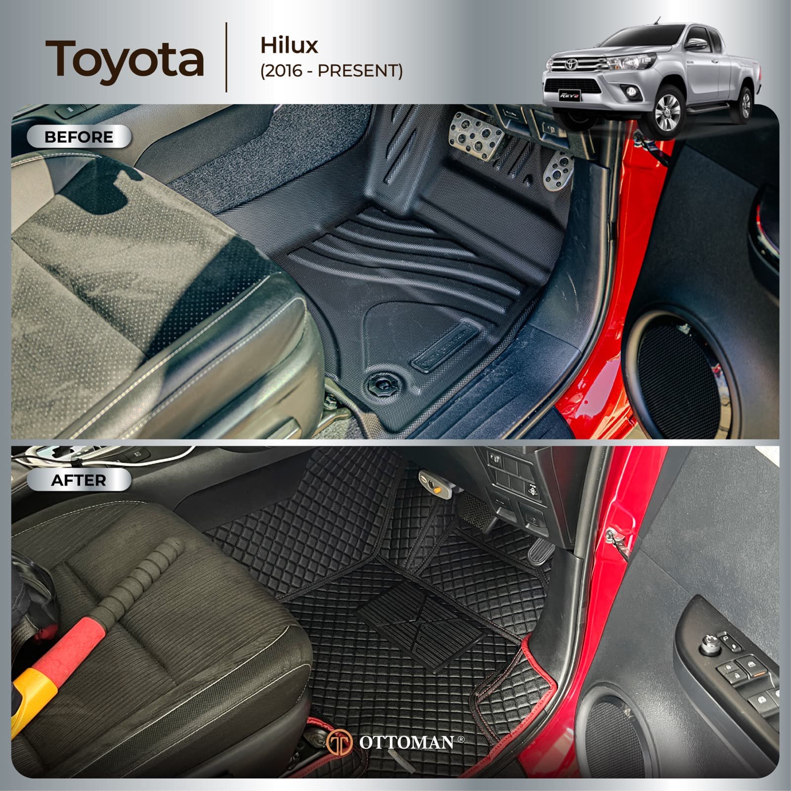 Toyota Hilux with Ottoman custom-fit seat covers and 3D car mats
