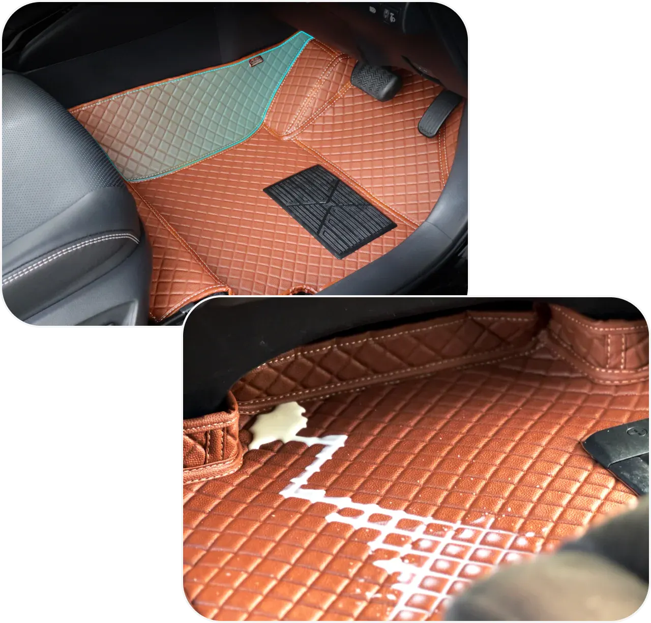 Two close-ups of a tan 3D mat: the raised edge at the driver's footwell, and spilled milk held on the surface
