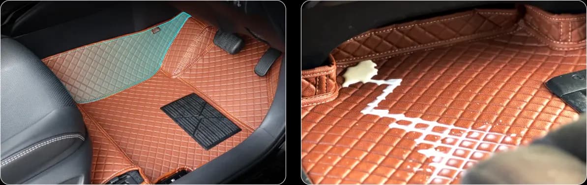 Two close-ups of a tan 3D mat: the raised edge at the driver's footwell, and spilled milk held on the surface