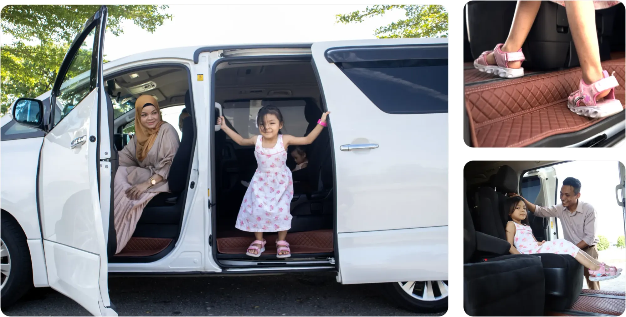 A mother and daughter at the open sliding door of an MPV fitted with 3D mats, a child's shoes on the mat, a father helping a child in