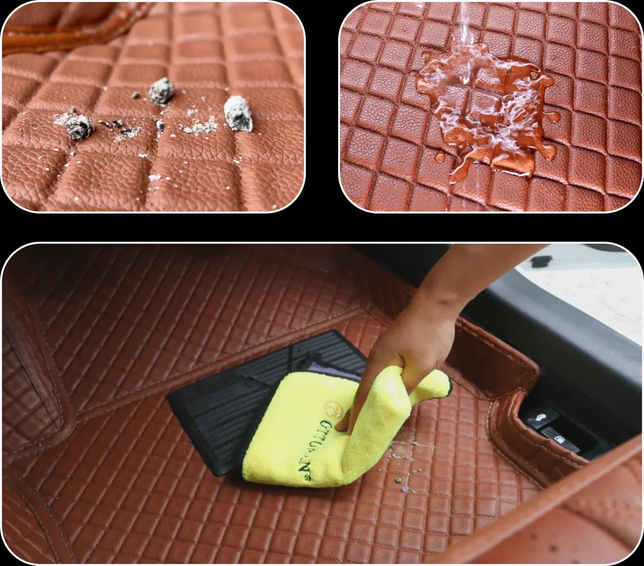Water beading on a tan 3D mat, crumbs on its surface, and a cloth wiping the driver's footwell clean