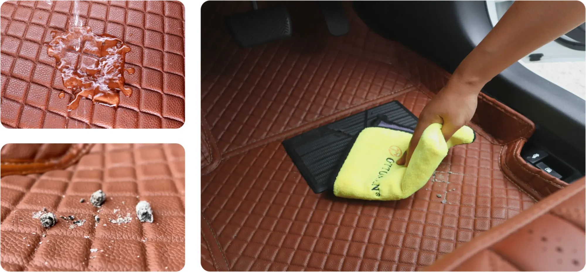 Water beading on a tan 3D mat, crumbs on its surface, and a cloth wiping the driver's footwell clean