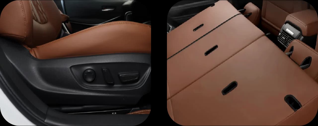 Close-ups of a fitted cognac seat cover: the seat base beside its side trim, and the folded rear seat backs