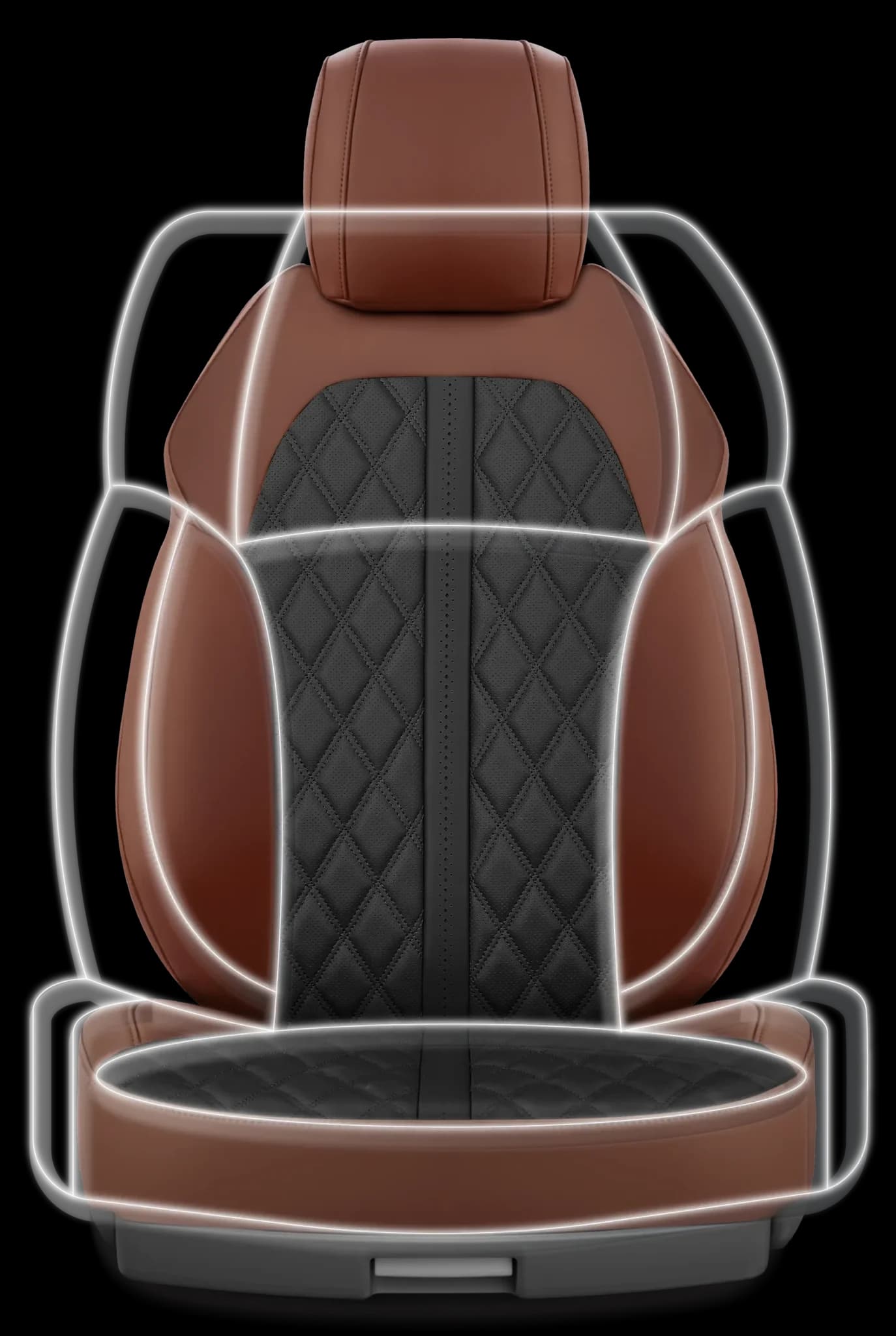 A cognac and black Adamas seat cover with every panel outlined, headrest to seat base