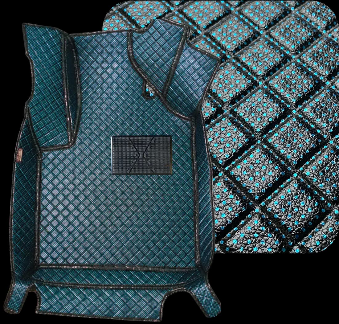 A Galaxy Series driver's mat in blue, cut to shape, beside a close-up of the same shimmer-threaded PU leather