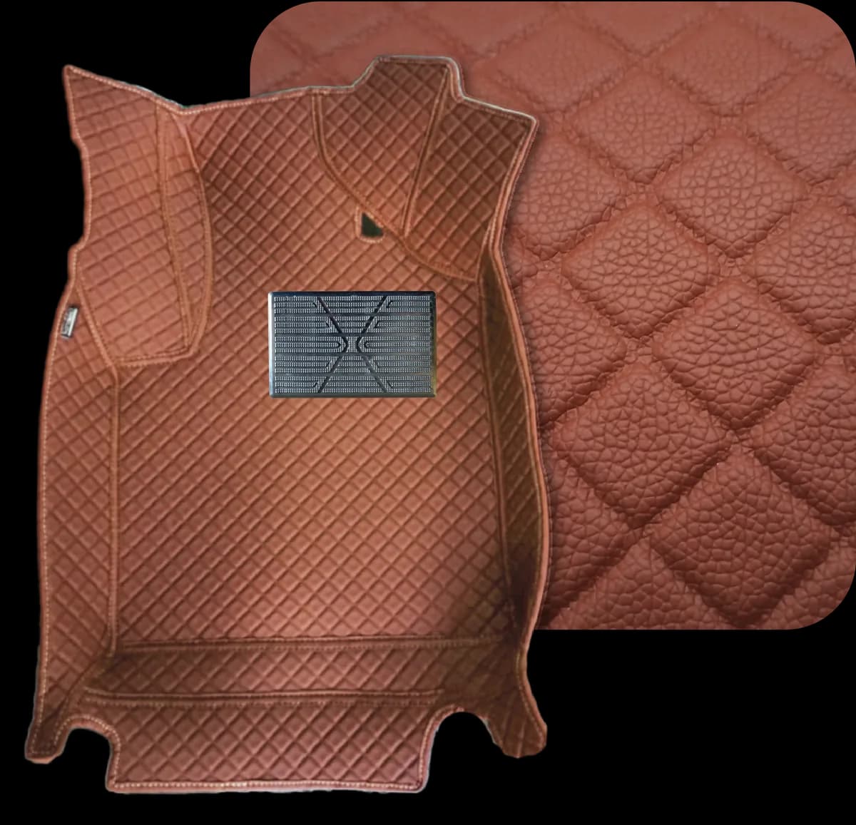 A Classic Series driver's mat in brown, cut to shape, on a sheet of the same diamond-quilted PU leather