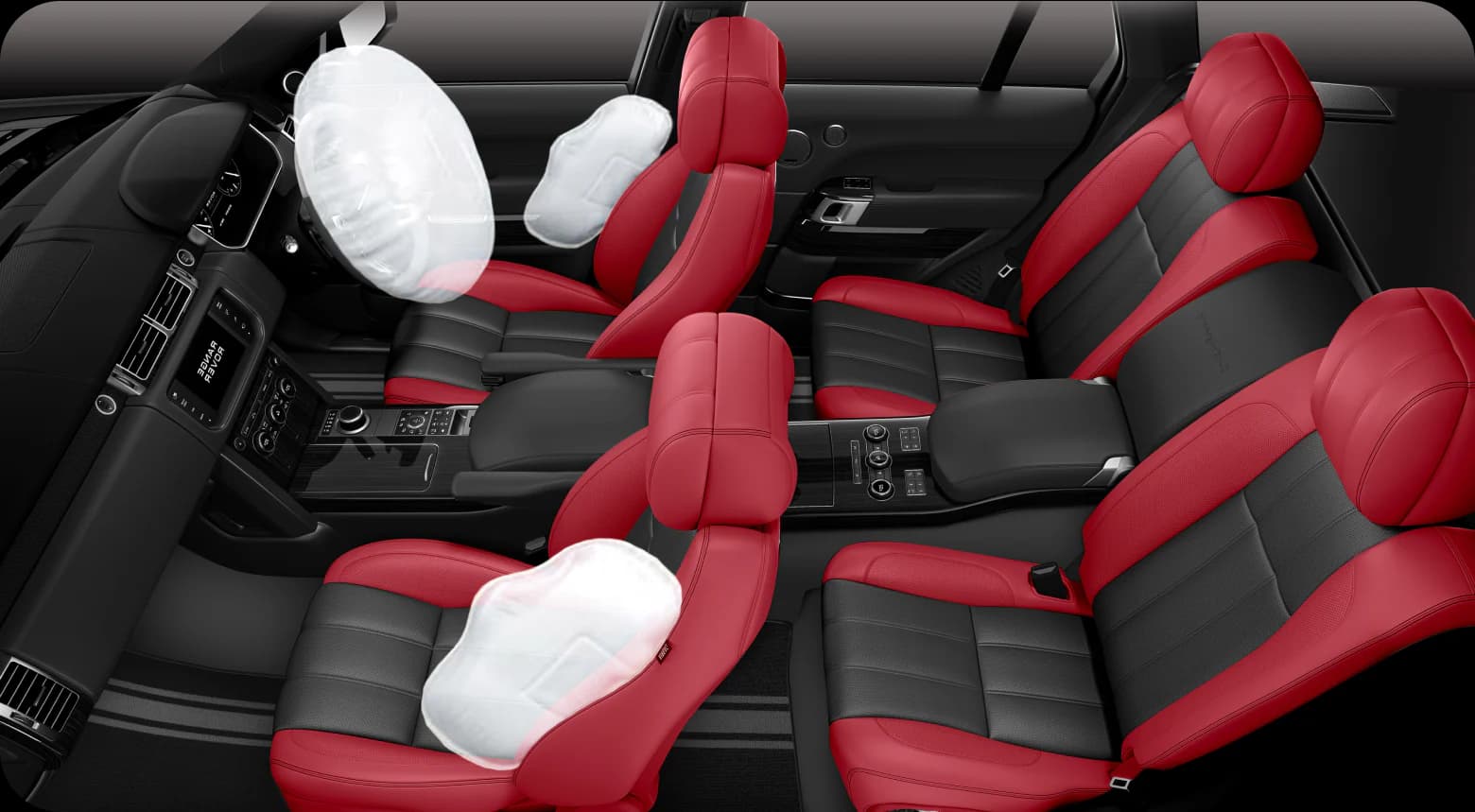 Side airbags deployed in a cabin with red and black seat covers