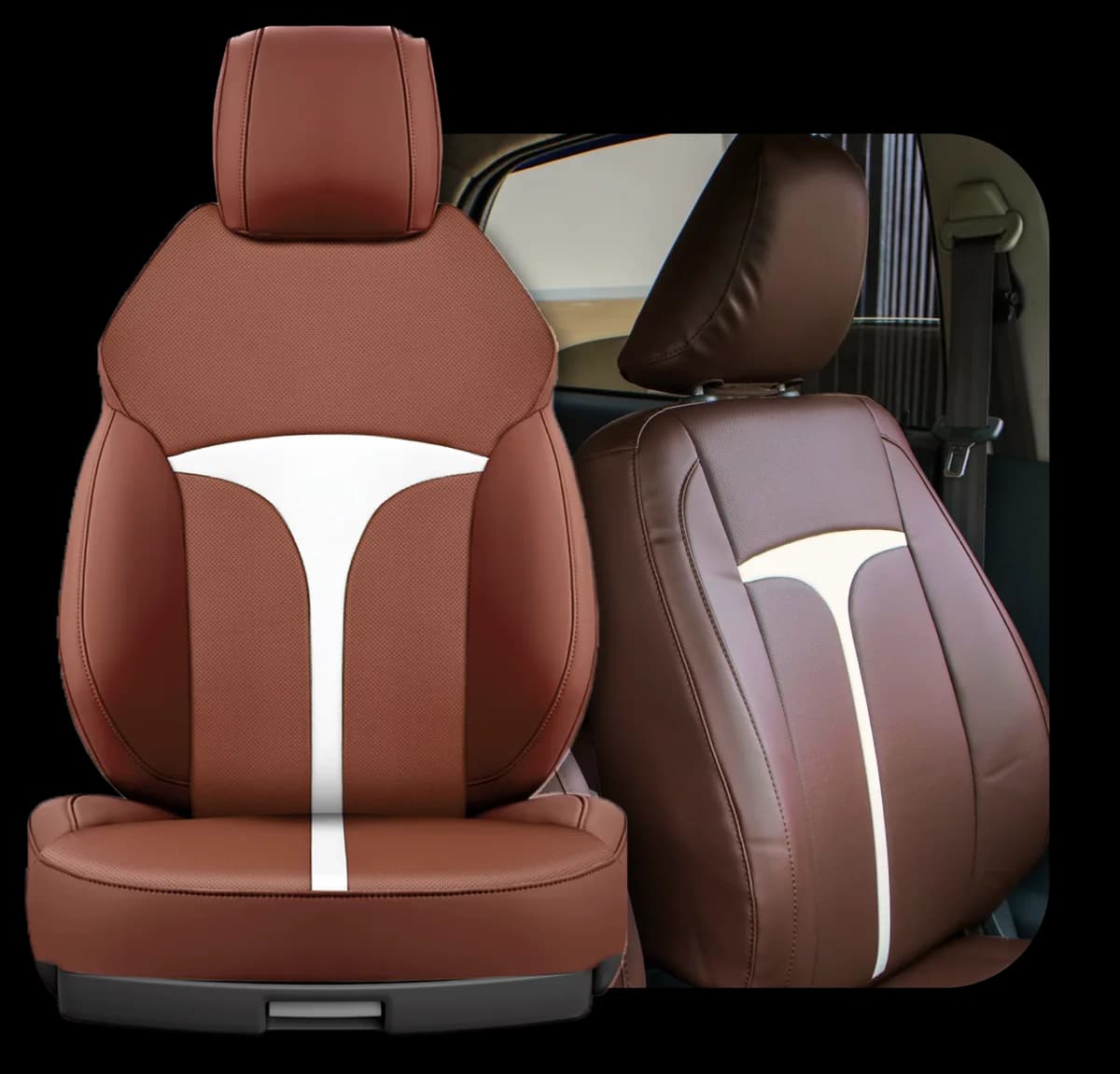 Titan Series seat cover in brown with a white T inlay, studio render beside the same cover fitted in a customer's car