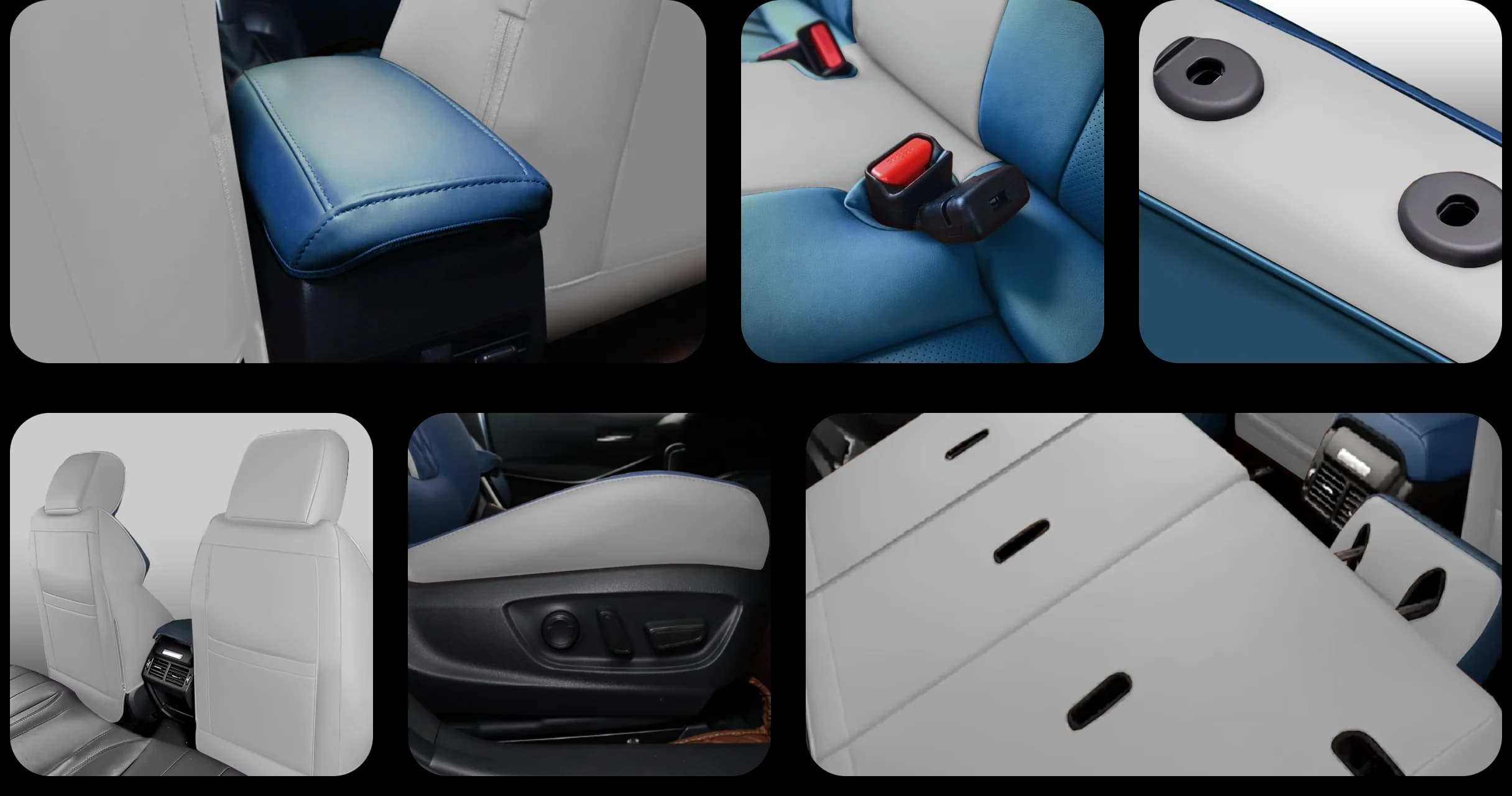 Close-ups of a two-tone seat cover: armrest, seat belt buckle, anchor points, seat back, side trim and folding rear seat