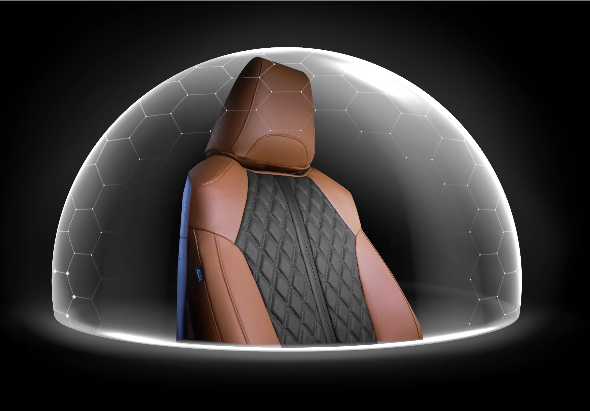 A cognac Adamas seat cover under a protective dome