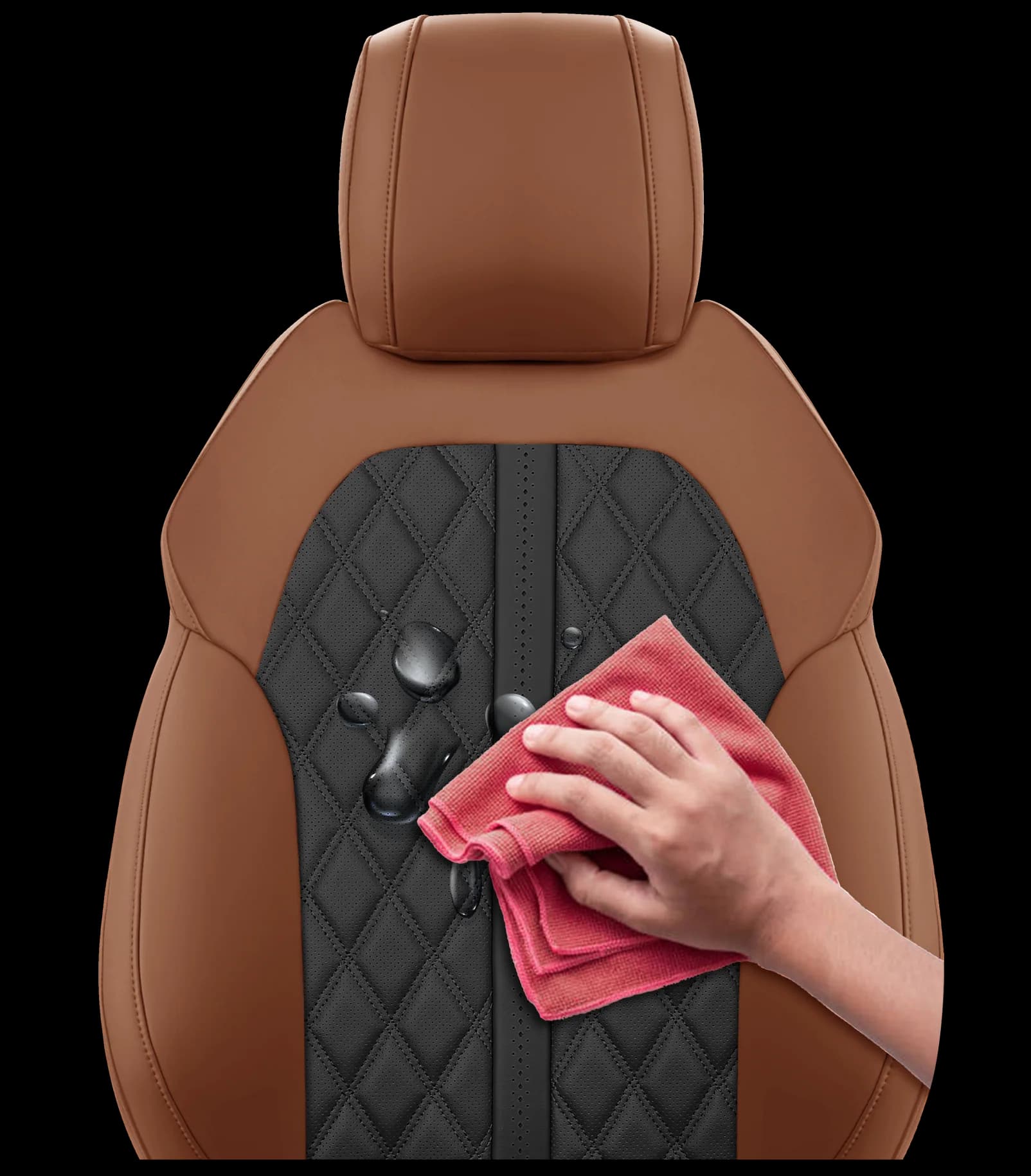 A cloth wiping a spill off a cognac and black seat cover