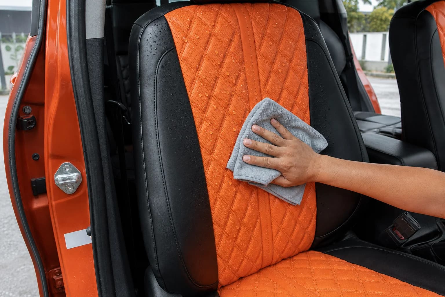 A hand wiping water beads off the orange quilted backrest of a black and orange seat cover