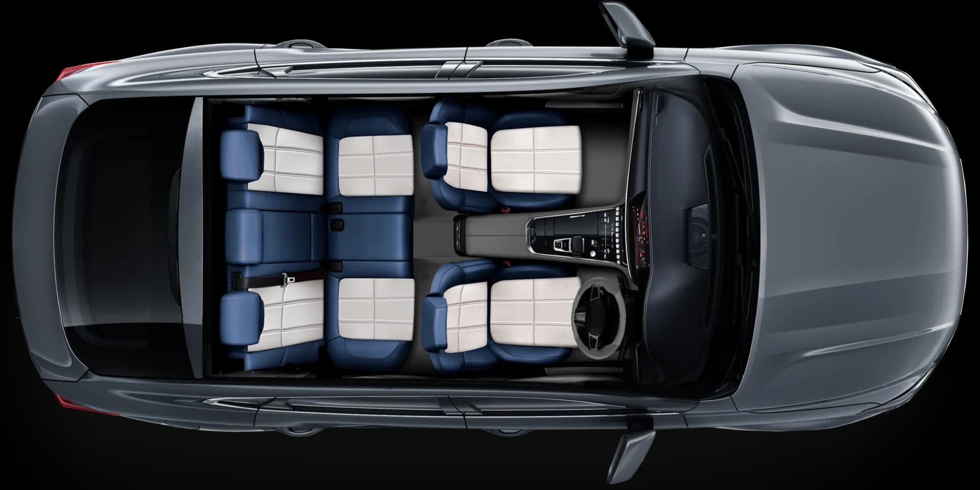 A seven-seater seen from above with blue and white seat covers on every seat