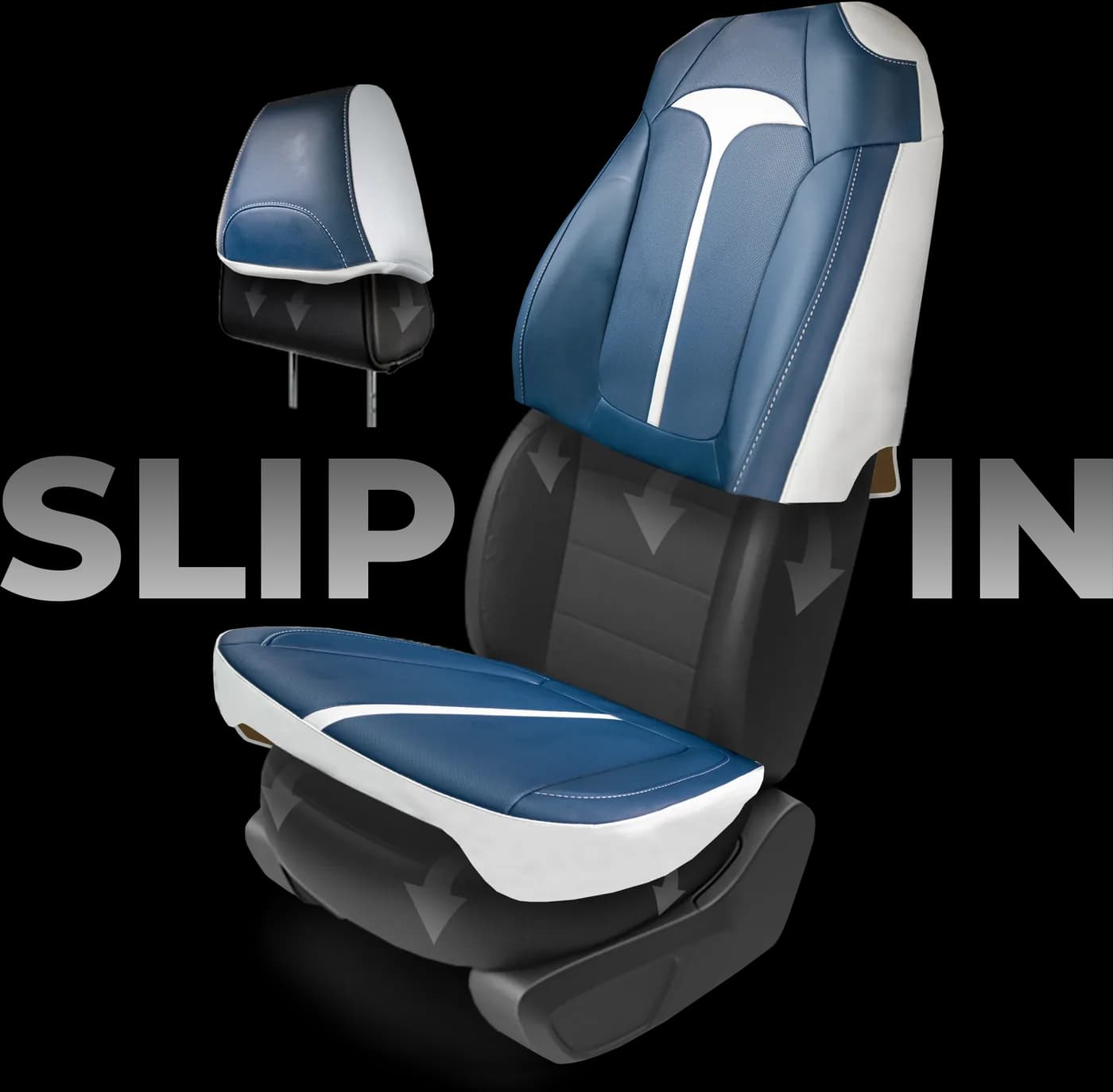 A blue and white seat cover and headrest cover slipping onto a car seat