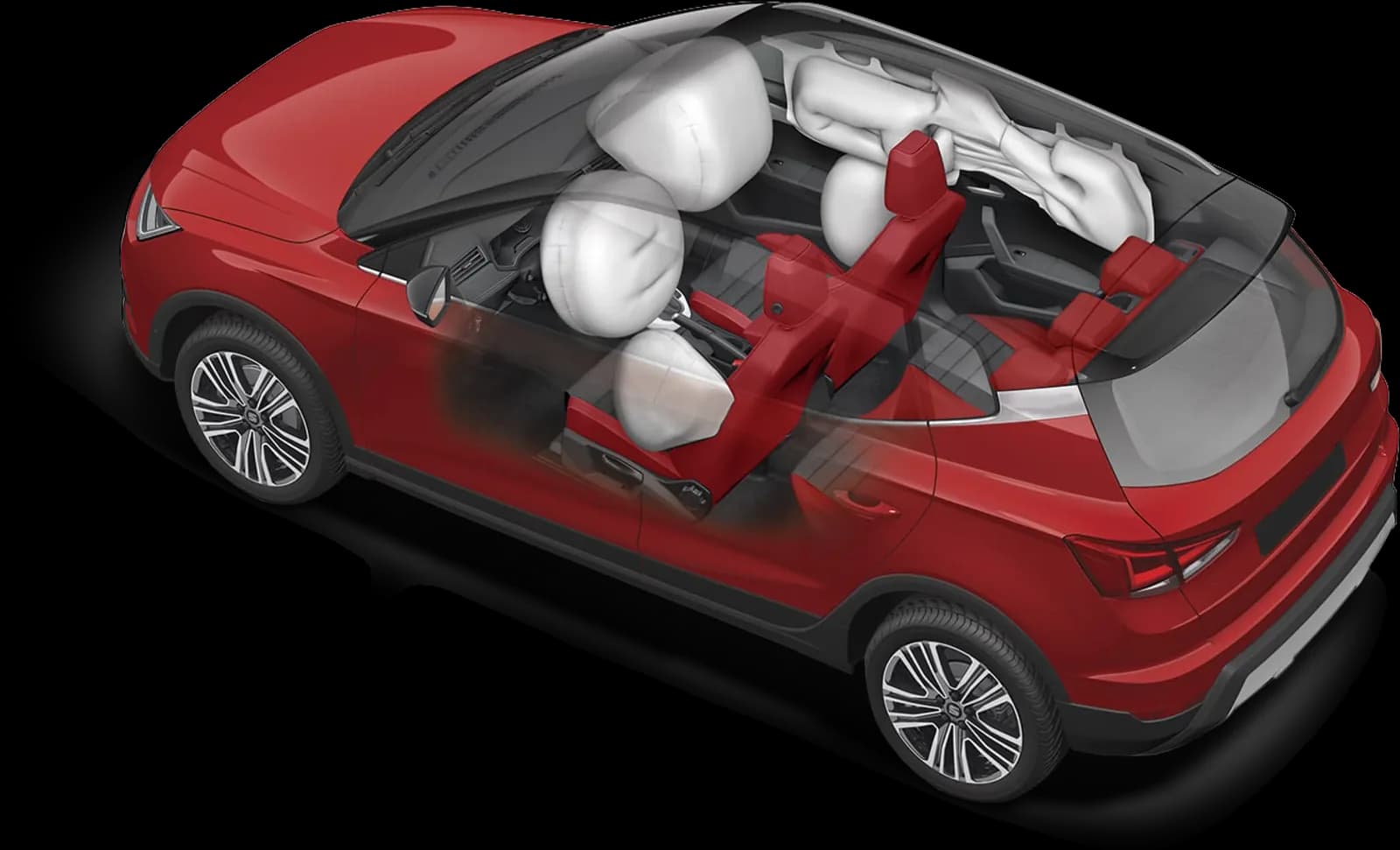 A red SUV cut away to show its airbags deployed through the seat covers
