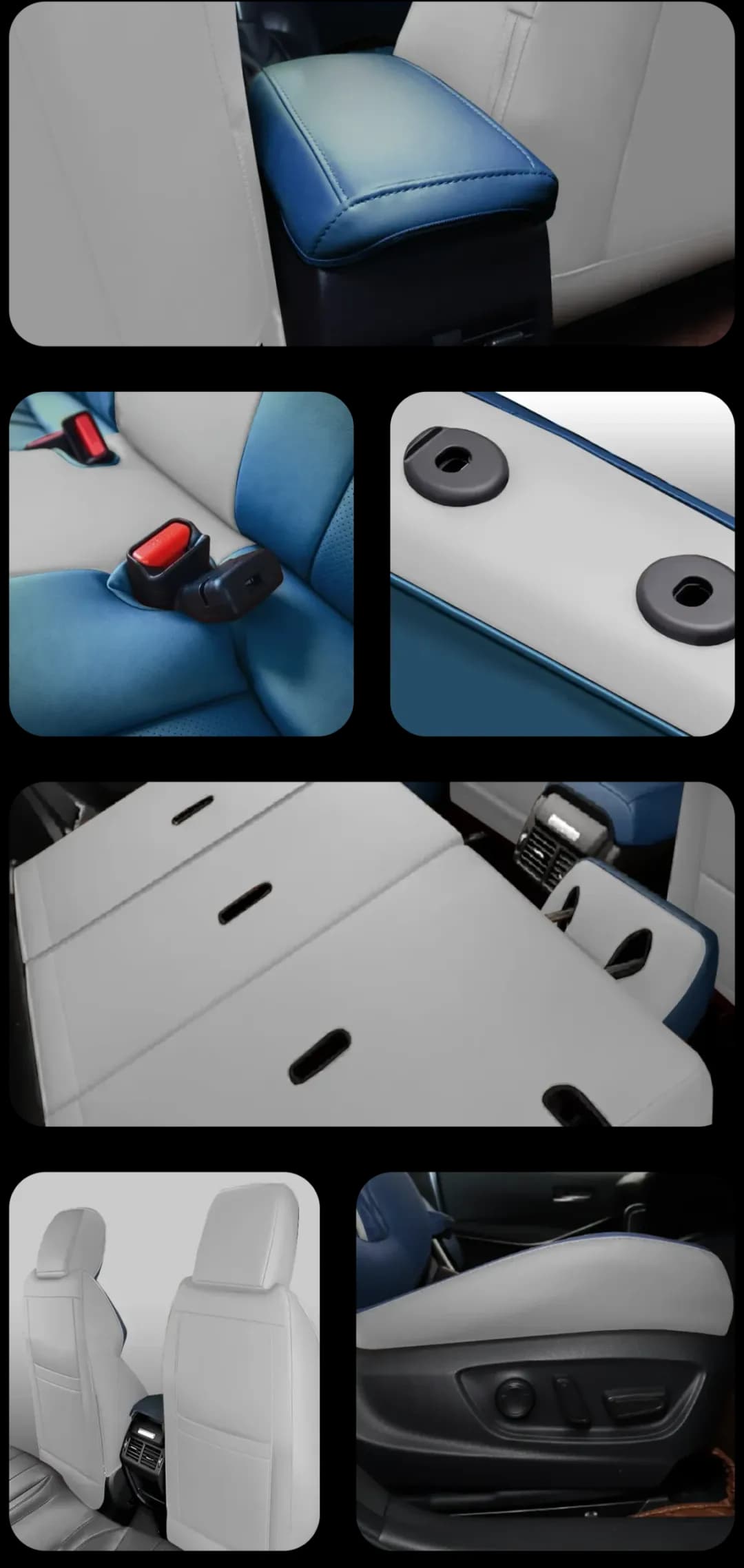 Close-ups of a two-tone seat cover: armrest, seat belt buckle, anchor points, seat back, side trim and folding rear seat