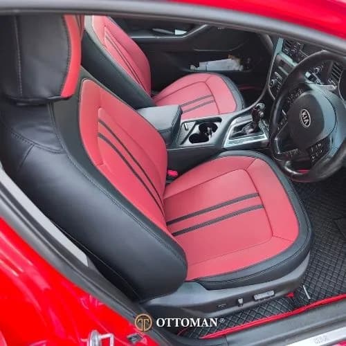 Kia K5 Optima fitted with Eleven Maroon & Black + Black seat covers